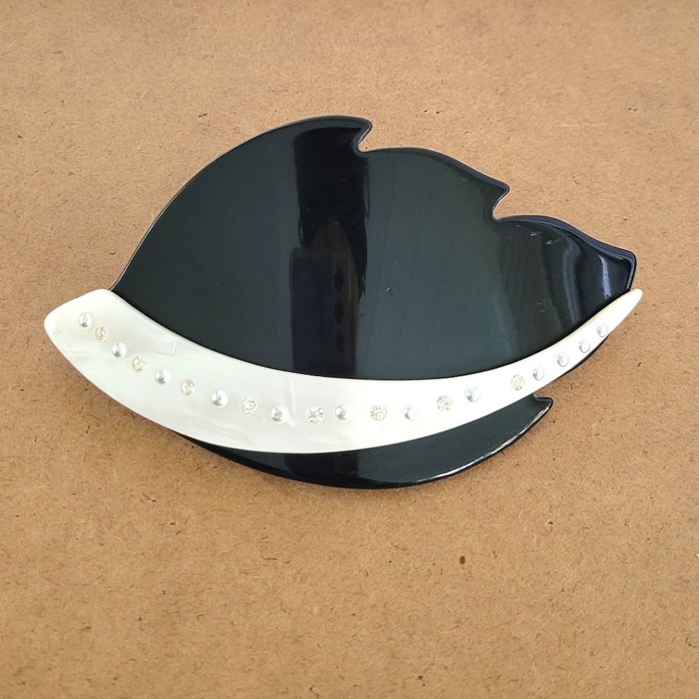 Vintage 80s Retro Large Black & Pearlescent Acrylic French Hair Clip Barrette